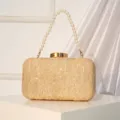 Elegant gold lace sequin evening clutch bag with pearl handle for women party wedding dress - Gold