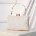 Elegant white lace sequin evening clutch bag with gold round metal handle and rhinestone clasp. - Silver