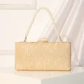 Elegant gold lace evening clutch bag with pearl handle and sequin details for events. - Gold