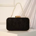 Elegant black sequin lace evening clutch bag with pearl handle and metal clasp for women. - Black