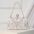 Elegant white bead-embroidered evening clutch bag with pearl handle for bridal wedding party. - Silver