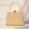 Gold sequin evening clutch bag for women, elegant metallic round handle bridal prom purse. - Gold