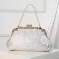 Elegant white lace evening clutch bag with pearl handle and rhinestone metal clasp for women. - Silver