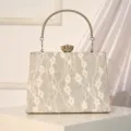 Elegant lace sequin evening bag with metal handle and clasp closure for women formal dress party. - Silver