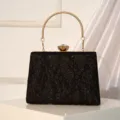 Elegant black glitter evening clutch bag with metal handle and crystal clasp for women parties. - Black