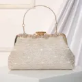 Elegant champagne lace evening bag with metal handle, perfect bridal clutch for weddings. - Gold