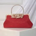 Red rhinestone evening bag, elegant lace clutch purse with gold handle for banquet dress. - Red
