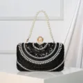 Elegant black pearl evening clutch bag with sequins and handle for women wedding party - Black