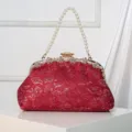Red lace evening bag with elegant pearl chain handle, perfect for weddings and parties. - Red