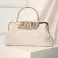 Elegant vintage lace evening bag with metal handle and rhinestone leaf clasp for parties. - Silver