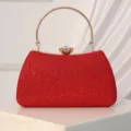 Red lace evening clutch bag with gold round handle and crystal clasp for wedding parties. - Burgundy