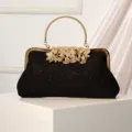 Black glitter evening clutch bag vintage lace rhinestone metal handle handbag for women - Black