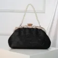 Black lace evening clutch bag with pearl handle and rhinestone clasp for wedding party. - Black