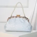 Elegant light blue lace evening clutch bag with pearl handle and rhinestone kiss-lock clasp for weddings. - Light Blue