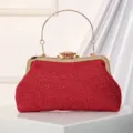 Red Glitter Lace Evening Clutch Bag, Bridal Handbag with Gold Metal Frame and Ring Handle. - Red