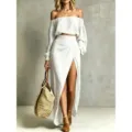 Dames effen off-shoulder crop top en lange rok met hoge split tweedelig kledingset - S / Wit