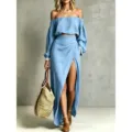 Dames Effen Schouderloos Tweedelig Set Casual Lange Mouw Crop Top Split Maxi Rok - S / Lichtblauw