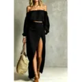 Zwarte crop top met blote schouders en lange splitrok set voor dames, casual tweedelig. - S / Zwart