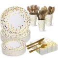 175pcs gold polka dot disposable party tableware set paper plates cups napkins cutlery - White