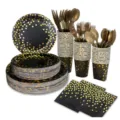 175pcs black gold polka dot party tableware set paper plates cups forks spoons napkins decor - Black