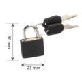 Small black metal padlock with two keys, 23mm width and 30mm height for luggage and cabinet security. - Black