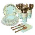 175pcs party tableware set light blue gold dot paper plates cups napkins forks knives spoons - Blue