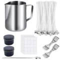 Detailed view of the stainless steel candle making pitcher, wicks, tins and accessories. - 600ml Black Can / Black