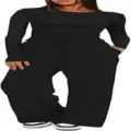 Zwarte geribbelde top met lange mouwen en broek met wijde pijpen detailweergave, zachte stof - S / Boven- En Onderstuk / Zwart