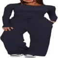 Gedetailleerd overzicht van de donkerblauwe top met lange mouwen en wijde broek, comfortabel. - S / Boven- En Onderstuk / Marineblauw