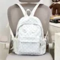 White heart printed cute backpack with small wings and lace pendant for daily school travel. - Wings And Pendants Set / White