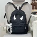 Cute black canvas backpack with white angel wings and heart print, sweet daily school bag. - Wings And Pendants Set / Black