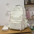 Korean ins style casual large capacity canvas backpack with cute bow embroidery for women school - No Pendant / White