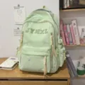 Casual green canvas backpack for women large capacity school bag with cute bow embroidery - No Pendant / Green