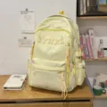 Yellow canvas backpack casual school bag with cute bow embroidery and spacious compartments. - No Pendant / Yellow