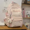 Pink bow embroidered casual large capacity backpack with cute bear pendant for daily travel. - With Charm / Pink