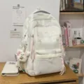 Korean style casual large capacity white backpack with cute bow embroidery and plush bear pendant. - With Charm / White
