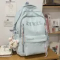 Light blue aesthetic school backpack with cute bow embroidery and fluffy bear pendant for daily use - With Charm / Blue