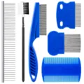 Detailed view of 6 pieces pet flea comb set, professional dog and cat grooming tools. - 6-Piece Set / Blue (6-Piece)