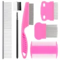 Close-up detail of pet flea comb set, stainless steel teeth grooming tool for dogs. - 6-Piece Set / Pink 6-Piece Set