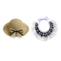Cute porch goose straw hat and checkered lace bib set, perfect pet costume accessory for fun. - Straw Hat + Black Plaid Bib