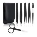 6-piece eyebrow tweezers set with curved scissors and brush for precise facial hair removal. - Silver-Black Scissors 6-Piece Set with Leather Case