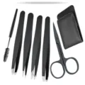 6-teiliges Augenbrauen Pinzetten Set mit Schere Wimpernbürste und PU Etui Schwarz - Schwarzes 6-teiliges Set mit Lederetui