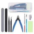 Detailed view of model making tool set, including precision hobby knife, side cutters and tweezers. - Model Tool Kit / 9-Piece Set