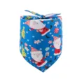Detail view of the blue Christmas pet bandana featuring cute Santa and snowflake print patterns. - Blue Background Christmas