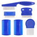 Detailed view of the 6-piece blue pet flea comb set with stainless steel fine teeth for cats. - 6-Piece Set / Blue