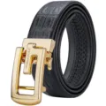 Men's automatic buckle leather belt black embossed cowhide business casual dress belt stylish - Gold Automatic Buckle