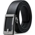 Cintura automatica da uomo in vera pelle nera con fibbia a cricchetto accessorio moda - 105cm / Motivo Litchi / Senza Scatola Regalo / Argento