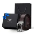 Cintura in vera pelle marrone da uomo fibbia automatica elegante set regalo - 105cm / Caffè Con Fibbia Gunmetal Con Confezione Regalo