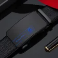 Cintura uomo vera pelle fibbia automatica lusso, stile classico business nero casual. - Blu Pistola (Scatola Regalo) / 105cm