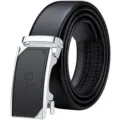 Men's black leather dress belt with automatic metal buckle, classic business casual style for men. - 105cm / Silver